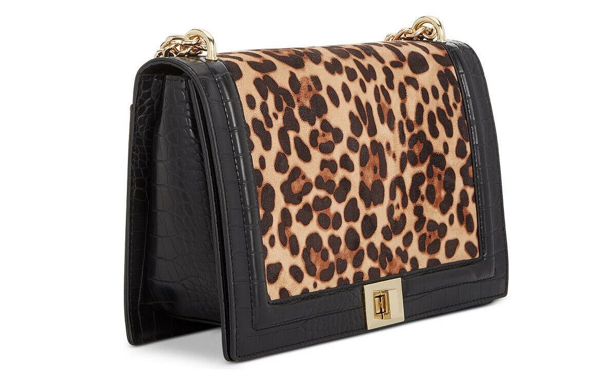 Inc International Concepts AJAE Vegan Leather Leopard Flap Crossbody Bag  Color Black/Gold-tone