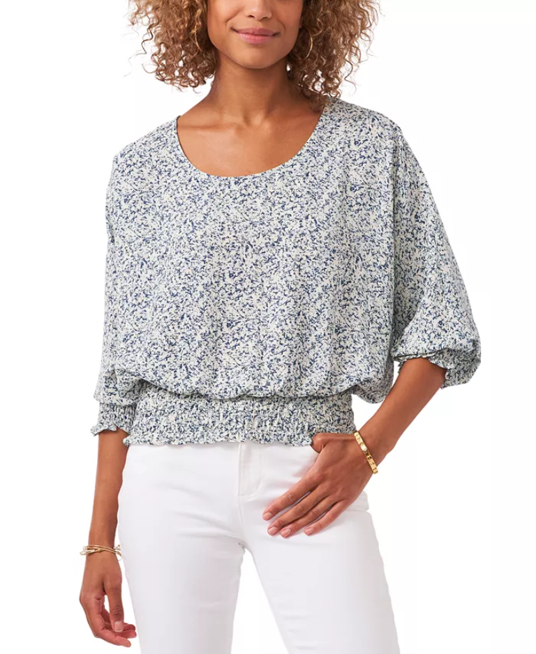 Vince Camuto Printed Smocked-Hem Peasant Top  Color New Ivory Size M