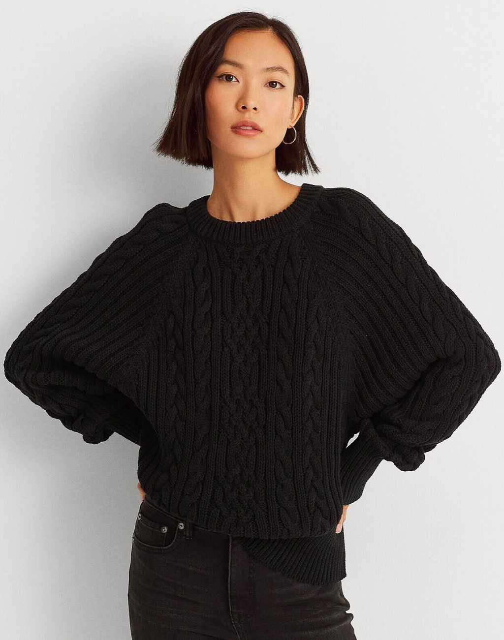 Lauren Ralph Lauren Women's Cable-Knit Dolman-Sleeve Sweater  Polo Black Size L
