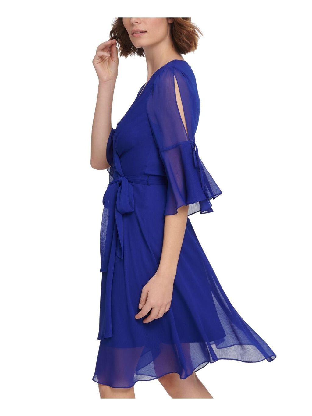 DKNY Womens Tie Flutter 3/4 Sleeve Wrap-Style Dress   Color Blue Size 2