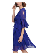 DKNY Womens Tie Flutter 3/4 Sleeve Wrap-Style Dress   Color Blue Size 2