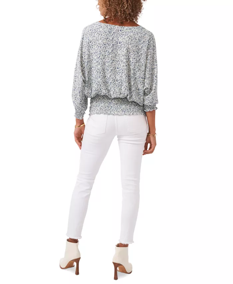 Vince Camuto Printed Smocked-Hem Peasant Top  Color New Ivory Size M