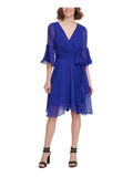 DKNY Womens Tie Flutter 3/4 Sleeve Wrap-Style Dress   Color Blue Size 2