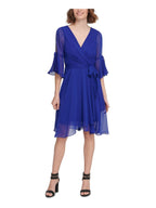 DKNY Womens Tie Flutter 3/4 Sleeve Wrap-Style Dress   Color Blue Size 2