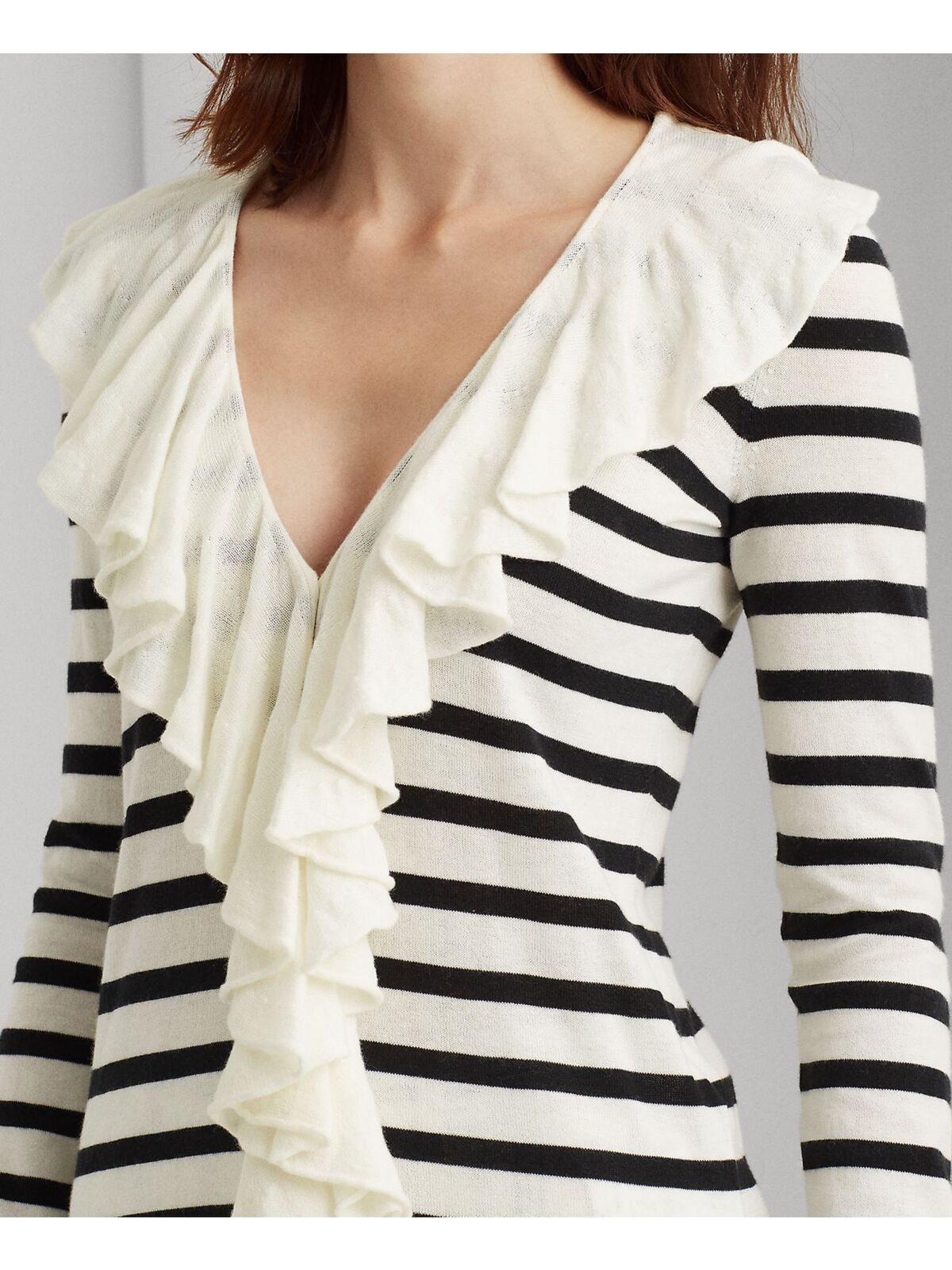 Lauren Ralph Lauren Ruffle-Trim Striped Long Sleeve V Neck Top  Color Ivory Size M