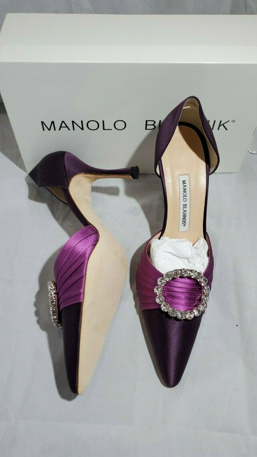 Manolo Blahnik Satin Crystal Buckle Mule   Size 39 = 9 US