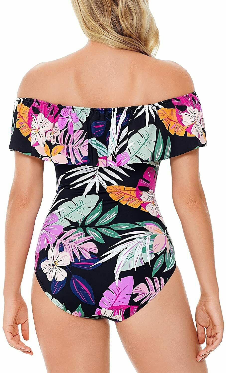 Swim Solutions Deco Off the Shoulder One-Piece Swimsuit  Color Black Size 14