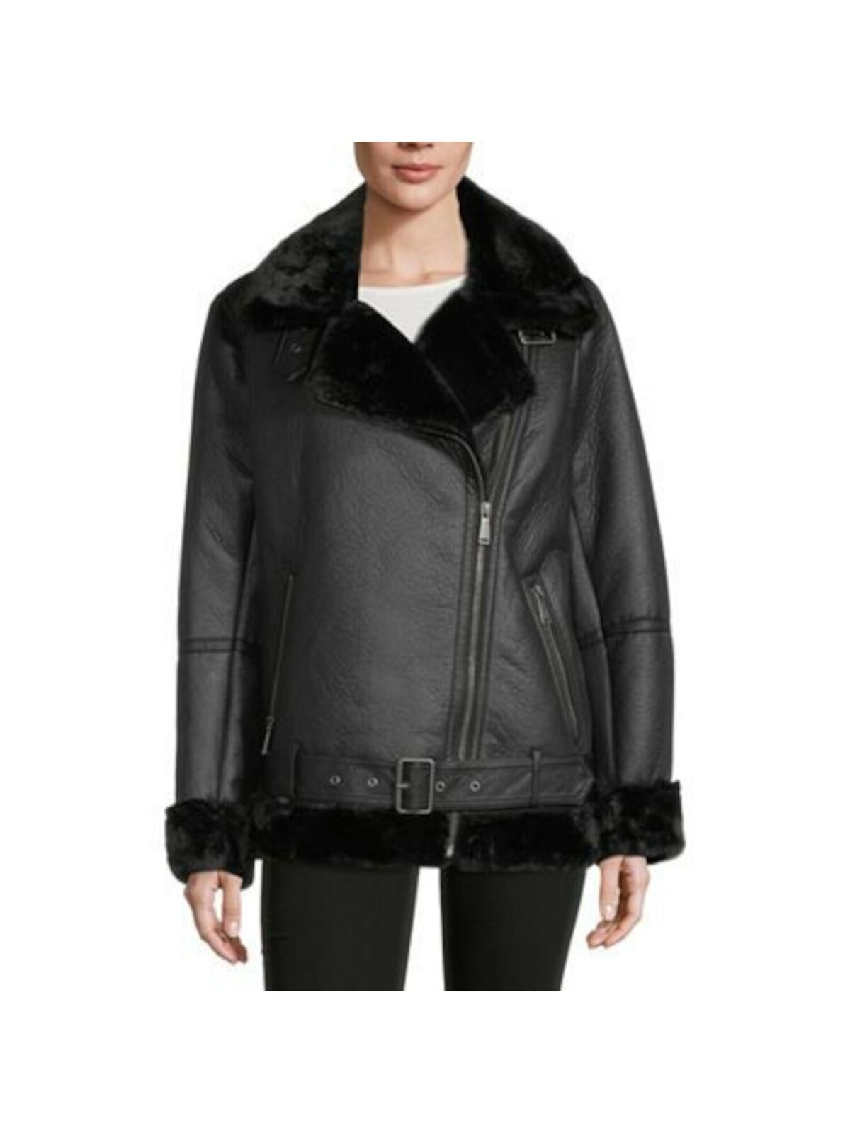 BCBGENERATION Women’s Black Vegan Suede Vegan Fur Motorcycle Coat   Color Black Size S Style B524154T74