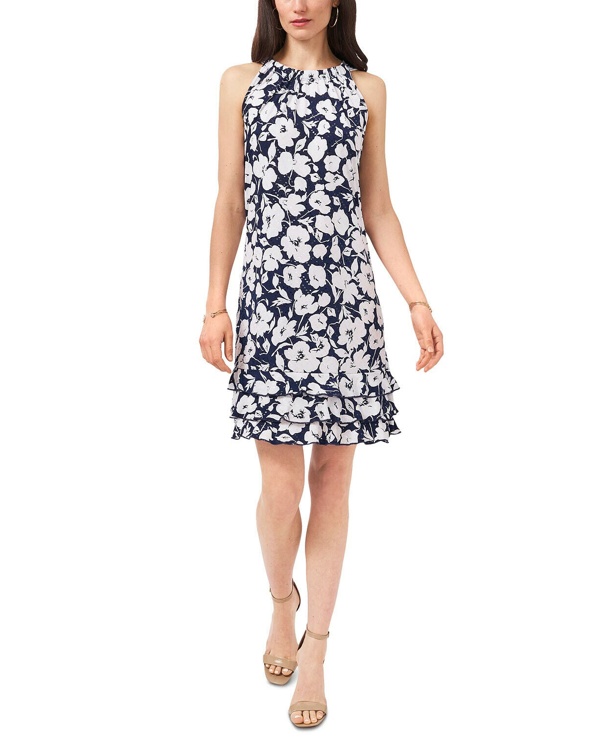MSK Sequin Floral Sheath Halter Dress Navy/White Size M