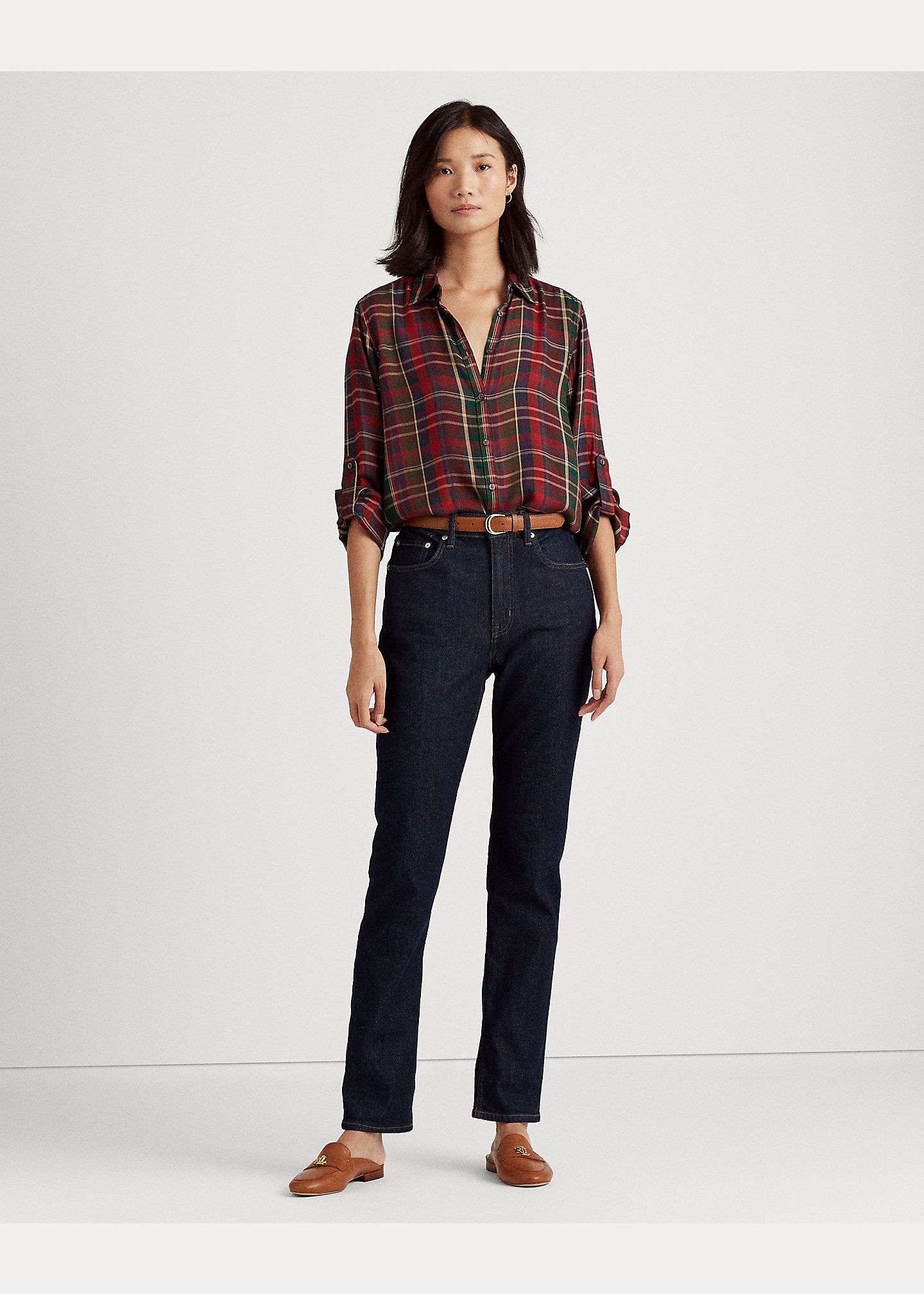 Lauren Ralph Lauren Womens Plaid Roll-Tab-Sleeve Twill Shirt  Color Red Multi Size L