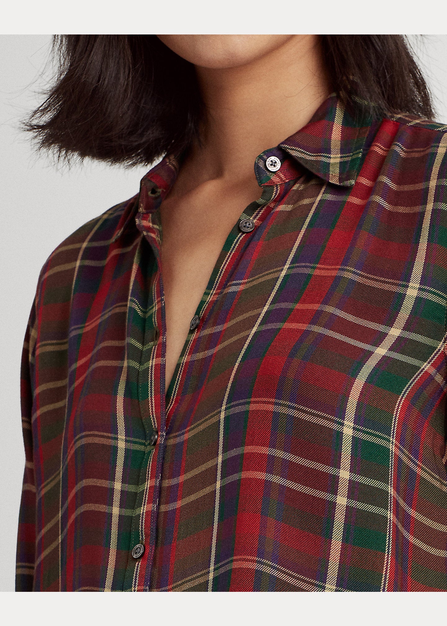 Lauren Ralph Lauren Womens Plaid Roll-Tab-Sleeve Twill Shirt  Color Red Multi Size L