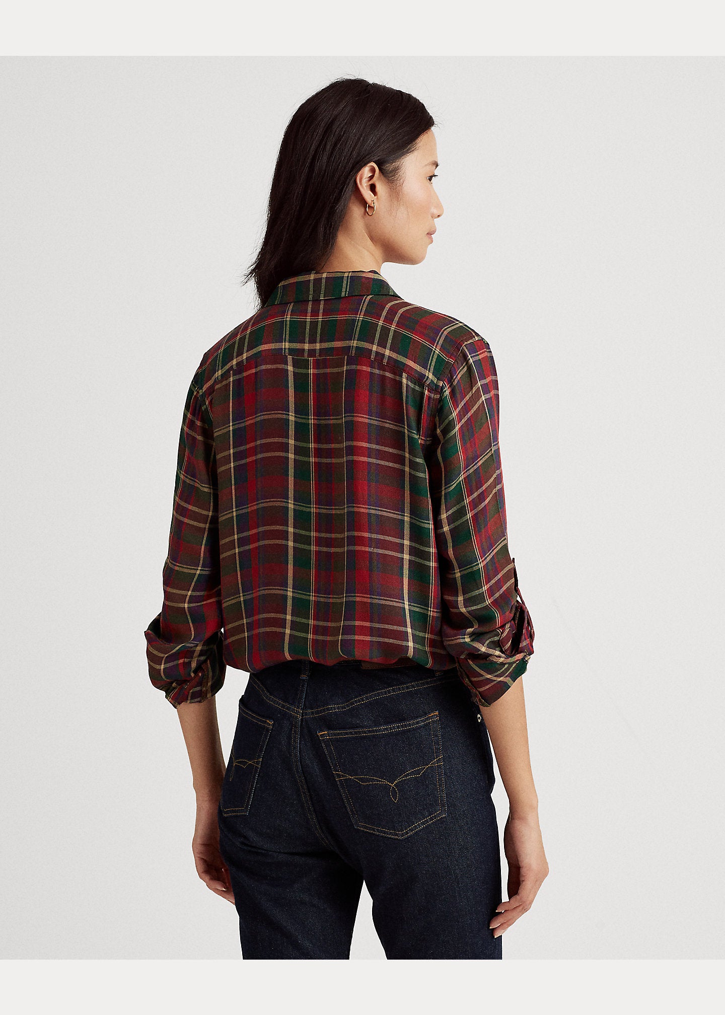Lauren Ralph Lauren Womens Plaid Roll-Tab-Sleeve Twill Shirt  Color Red Multi Size L