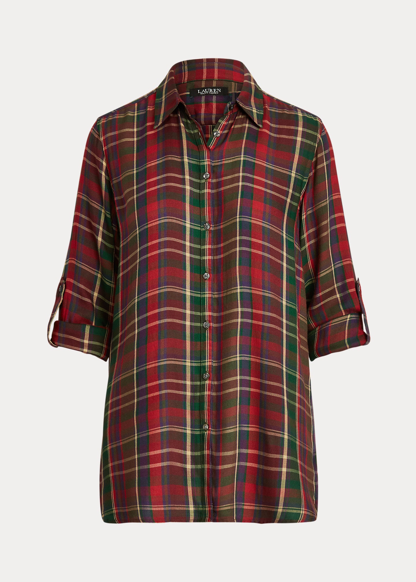 Lauren Ralph Lauren Womens Plaid Roll-Tab-Sleeve Twill Shirt  Color Red Multi Size L